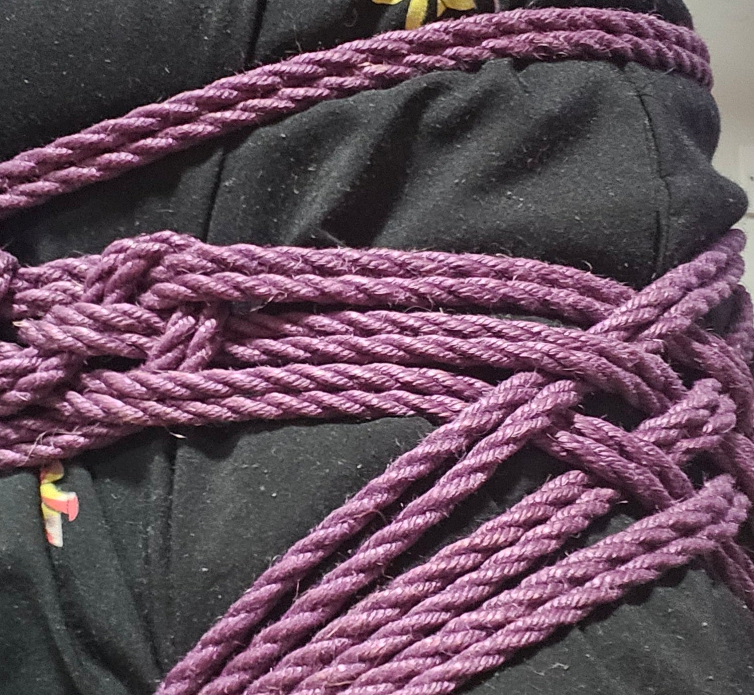 Side view of a violet shibari rope tied into a leto hip harness.