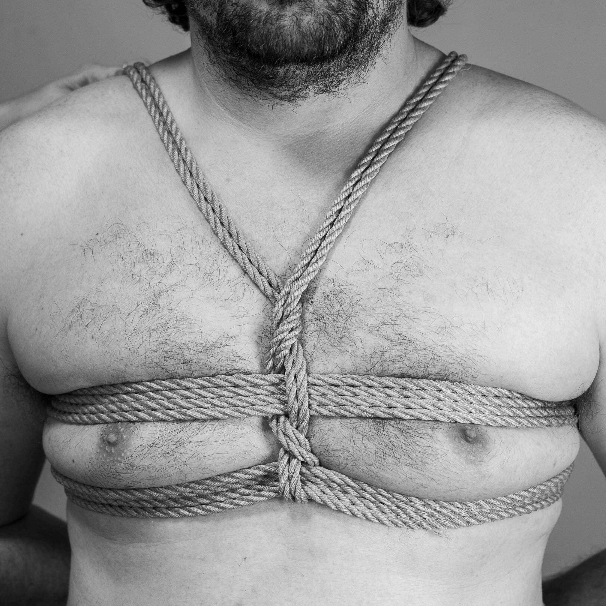 Shibari rope tutorial how to guide tying Shinju Chest Harness: Yellow Jute Rope