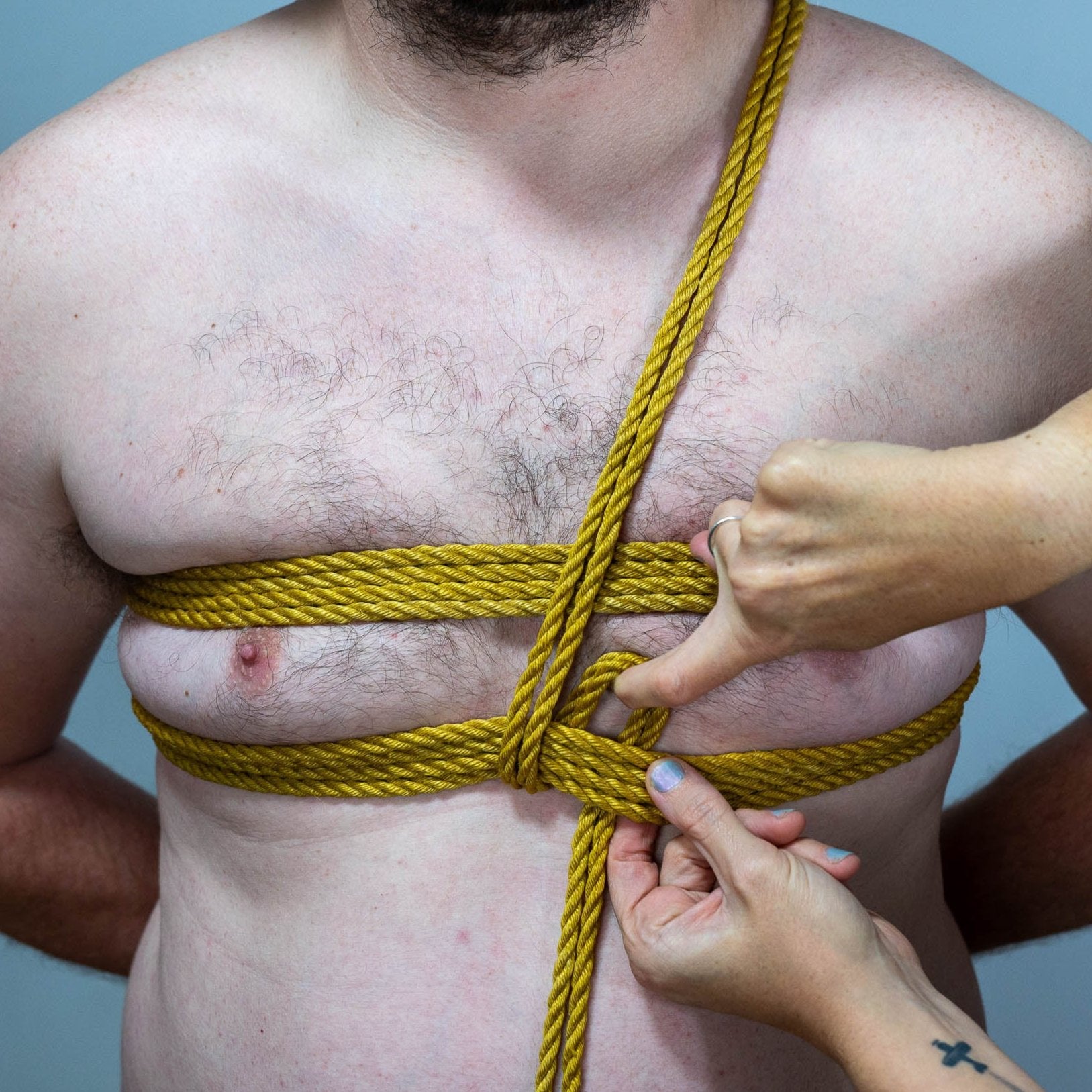 men in rope how to guide tie Chest Harness: Yellow Jute Rope