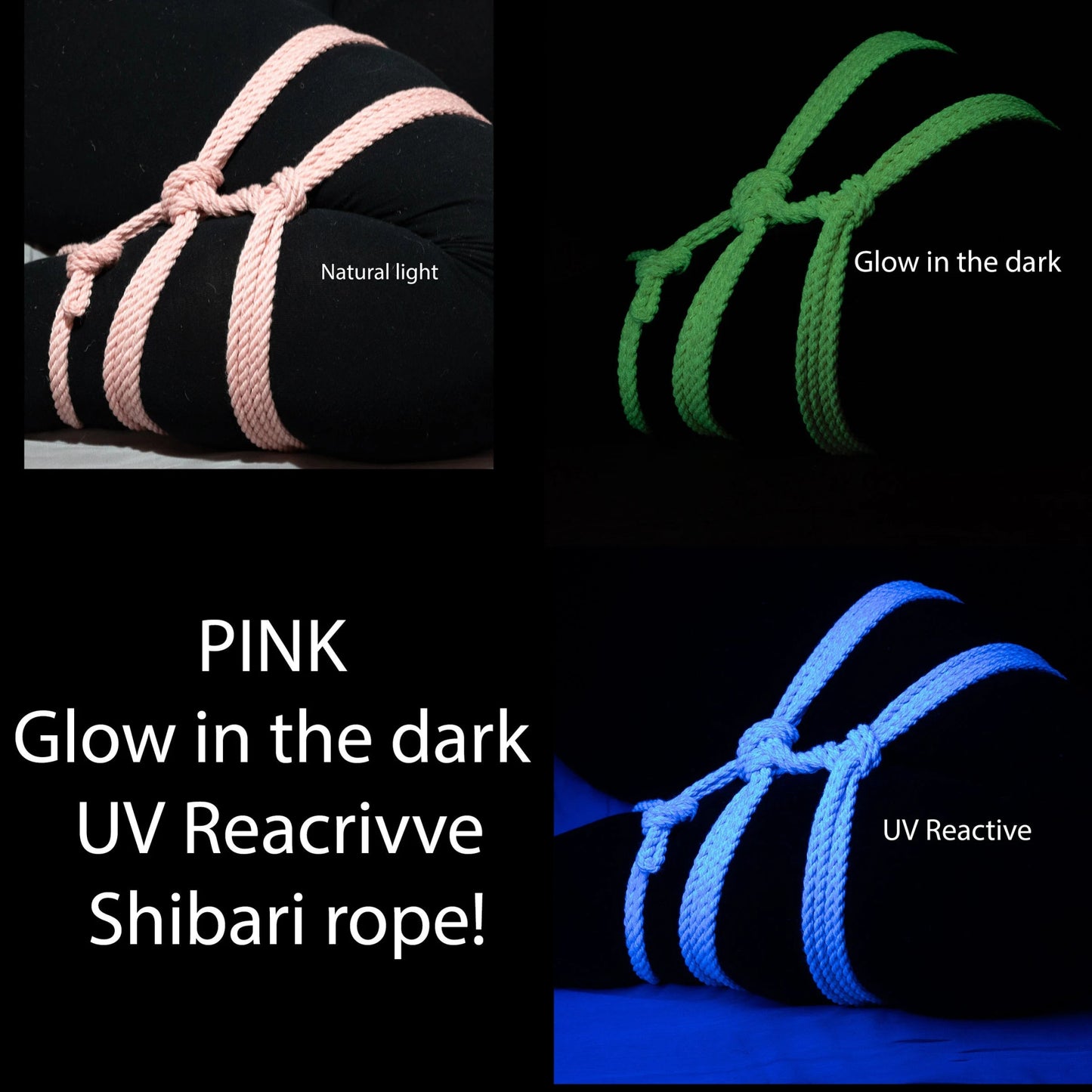 Baby pink shibari UV Glow Rope - RebornRopes