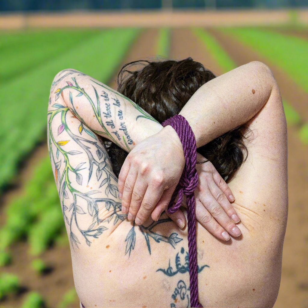 Model with arms overhead, shibari rope tied around wrists and pulled down back.  Reborn ropes.