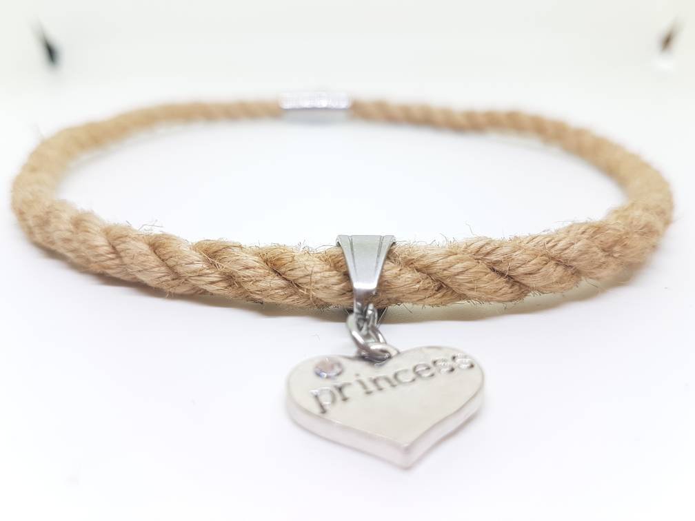 Discreet rope day collar with princess charm - RebornRopes