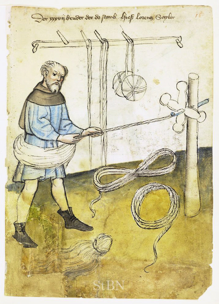 "Lorentz (Lorenz, Laurentius) Sayler (Sailer; Seiler) , Sayler (Seiler)" (circa 1425 drawing by an unknown artist) Rope Making. Shibari.